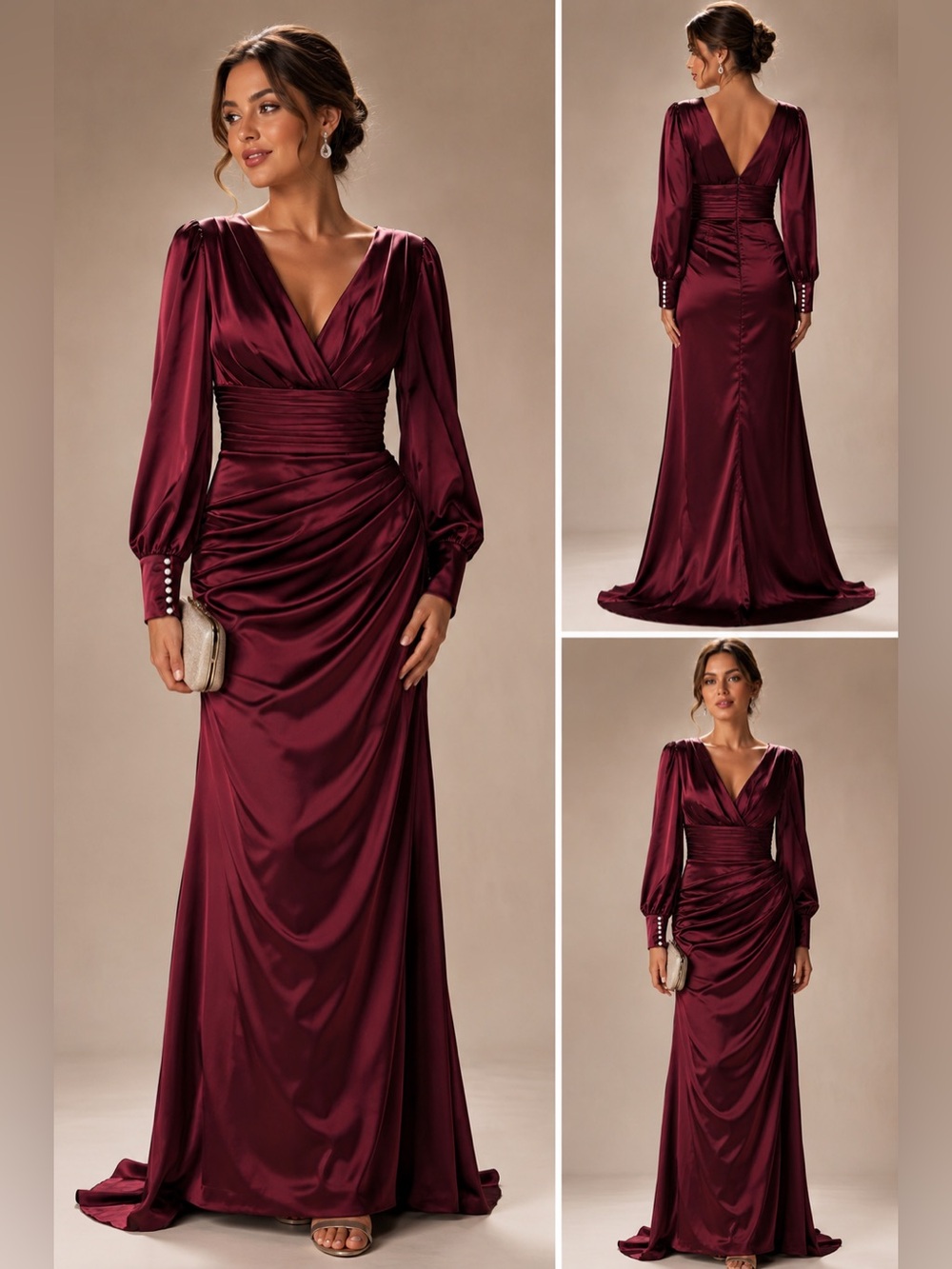 VIP Bridal Burgundy Satin Ruched Long Sleeve Formal Gown Dress Size 4